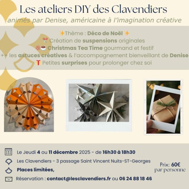 Envie d'un moment créatif et chaleureux pour préparer les fêtes ?
Rejoignez notre atelier animé par Denise, créatrice américaine, autodidacte et passionnée qui partagera avec vous son savoir-faire et son énergie créative !
✨ Un programme créatif et gourmand ouvert à tous.
Aucun niveau requis – juste l’envie de créer dans une ambiance cosy et festive !
👉 Places limitées
📩 Réservation par message privé, à contact@lesclavendiers.fr ou 06 24 88 18 46
#lesclavendiers #AtelierDIY #Noël2025 #NuitsSaintGeorges #Créativité #DécorationDeNoël #FaitMain #DIYNoël #HandmadeChristmas