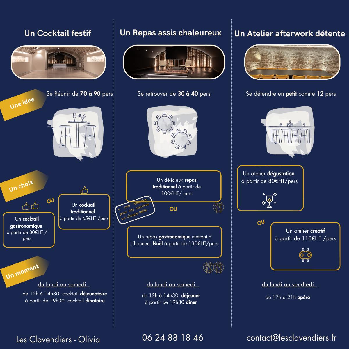 ✨Les Clavendiers – un espace pour célébrer Noël en entreprise ✨

Investissez les différents espaces que vous proposent les Clavendiers et créez un événement unique pour vos collaborateurs et clients à l’occasion des fêtes de fin d’année !

👉 Les Clavendiers c’est la possibilité pouvoir se réunir en petit, grand ou très grand comité autour d’un cocktail festif, d’un repas assis gourmand ou d’un atelier chaleureux. 
Nous vous ouvrons les portes d’un cadre d’exception, convivial et authentique et vous accompagnons dans la réalisation de vos projets avec des formules clés en main imaginées pour les fêtes de fin d’année.

Contactez-nous pour connaître nos disponibilités et recevoir plus d’infos sur nos offres.

📍 Les Clavendiers – 3 Passage St Vincent, Nuits-Saint-Georges
📞 +33 6 24 88 18 46
✉️ contact@lesclavendiers.fr

#lesclavendiers#séminaires#événementiel#noël2025 #teamBuilding#cohesion